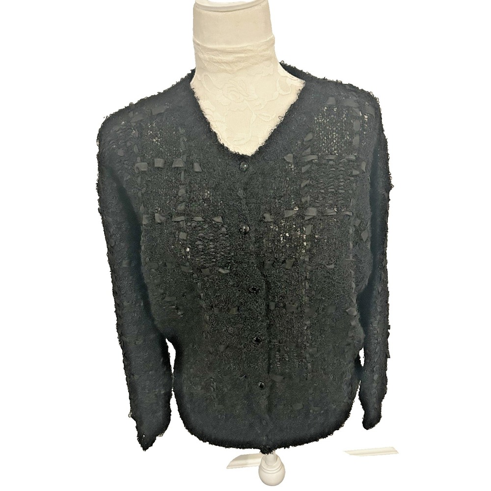 VTG Black Mohair Wool Cardigan Hand Knit Sweater M Ribbon Embroidery Granny Goth